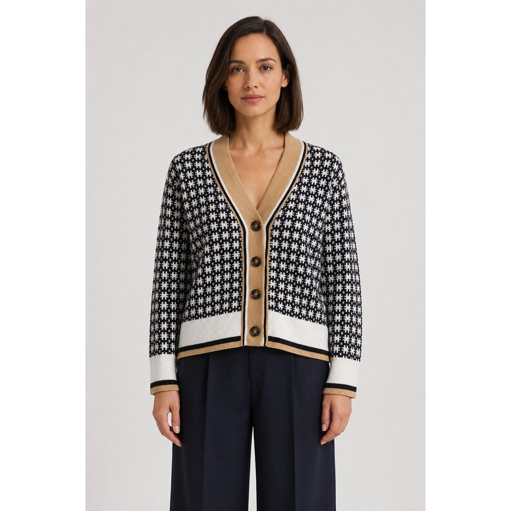 Barbour Heritage Francesca Cardigan 4 Black White Tan Wool Geometric Sweater